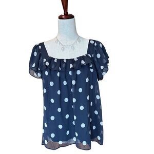 Lauren Conrad Polka Dot Top-Blouse Sheer Lined Navy Blue & White Small